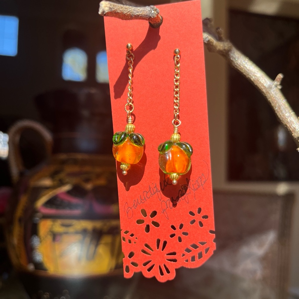 Pumpkin Fall Halloween Whimsical Orange Gold Chain Dangling  Glass Earrings - Picture 9 of 14